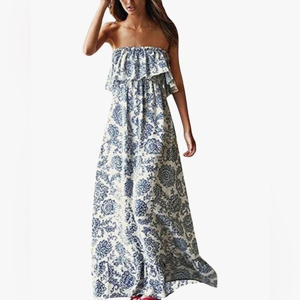 Blue and White Patterned strapless maxi dress - Picture 4 of 4